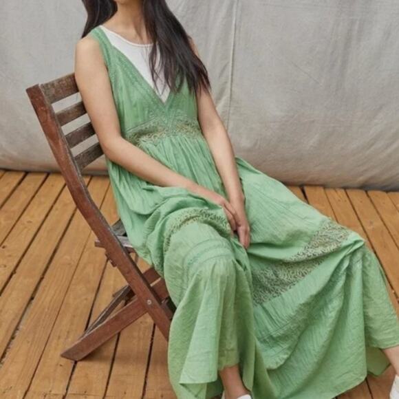 Free People Carla Lace Maxi Dress Medium Moss Green Sleeveless Boho Long Summer - Picture 2 of 8